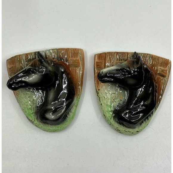 Vintage Elbro Japan Ceramic Horse Head hand Decorated Wall Pocket Set of 2 - Picture 8 of 10